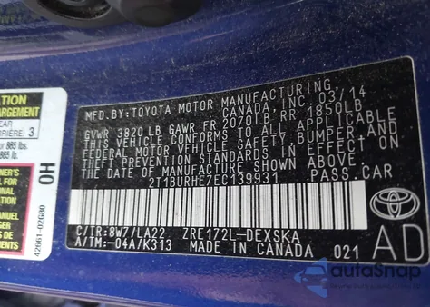 2014 Toyota Corolla S Premium z USA, uszkodzony, nr VIN 2T1BURHE7EC139931